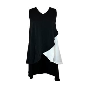 Women V-Neck Tunic Size XL Long High-Low Sleeveless Black/White Patrizia Luca